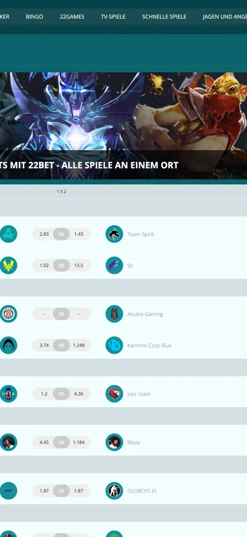 Spiele-Lobby im 22Bet Casino